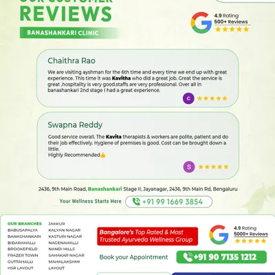 This review from our Banashankari clinic showcases a loyal patient's experience. Returning for the 6th time, she praises the great service, professional hospitality, and the effective treatments that make us a trusted choice.