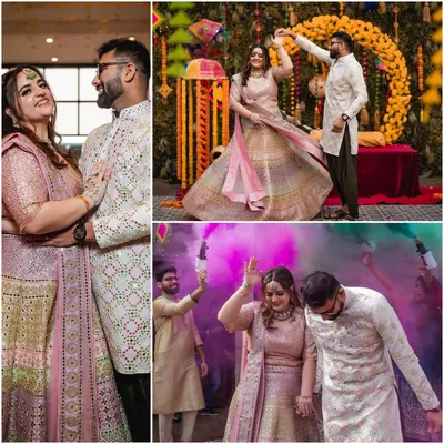 The Mehendi ceremony is all about fun and celebration. This collage captures the couple's joyful dance, their grand entrance with smoke bombs, and a quiet, loving moment together.