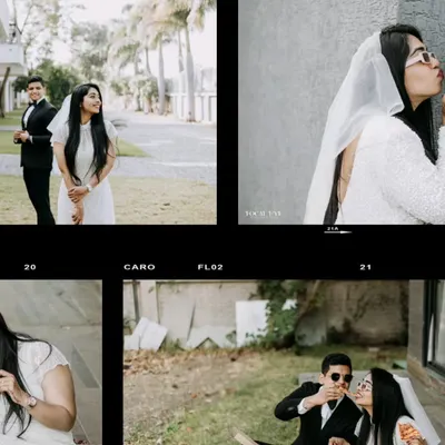 A film-strip style collage from a fun pre-wedding shoot. This series includes a playful "first look," a bride-to-be in a veil, and the couple enjoying pizza together.