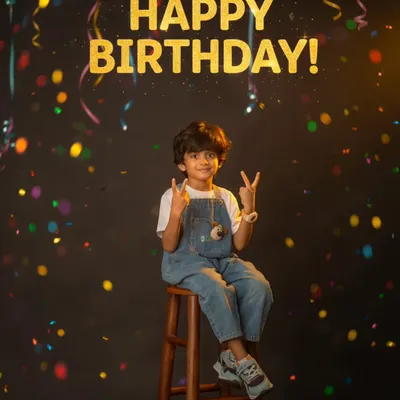 A cool and confident birthday boy posing against a dark backdrop with colorful confetti. This studio setup is great for creating a celebratory party vibe.