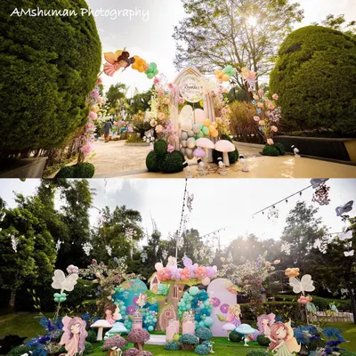 A wide view of our breathtaking fairyland setup. I use a mix of large-scale props like the fairy treehouse and smaller details like character cutouts and floral arrangements to completely transform your garden into an enchanted forest.