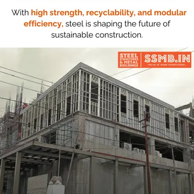 With high strength, recyclability, and modular efficiency, steel is shaping the future of sustainable construction. This image from the Karkinos Manipur Cancer Care Institute shows a light-gauge steel frame system being installed.