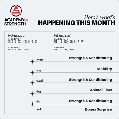 Here's what's happening this month. Our weekly schedule includes Strength & Conditioning, Mobility, Animal Flow, and a bonus surprise on Saturdays. We have convenient morning and evening batches at both our Indranagar and Whitefield locations.