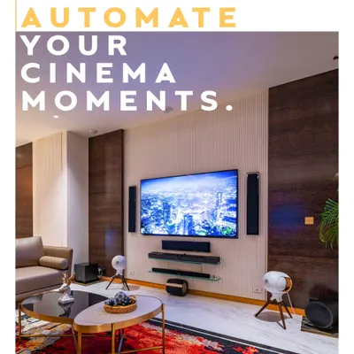 This living room setup is designed for automated cinema moments. With a single command, you can dim the lights, lower the blinds, and start the movie, with every element from the surround sound to the room temperature perfectly controlled.