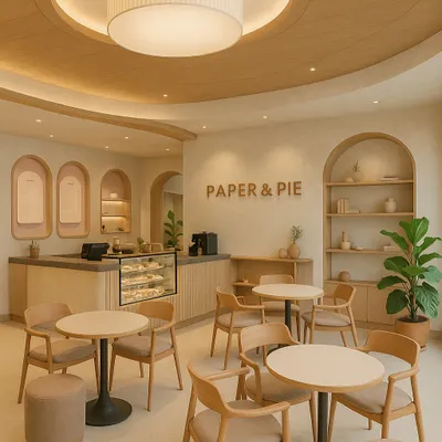 We asked AI to dream up our next cafe. This concept features warm wood, arched details, and a beautiful curved counter.
