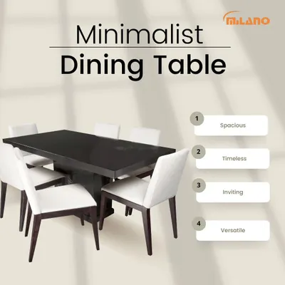 This minimalist dining table set is perfect for a modern home. The dark wood table is paired with six chairs upholstered in a light, neutral fabric, creating a versatile and inviting dining space.