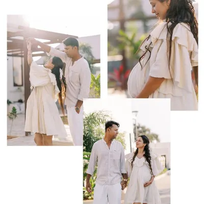 A collage of moments from a home session, presented in a soft, film-like aesthetic. It shows a variety of poses, from a playful dance to a quiet walk together.