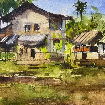 A watercolor painting of a beautiful home in Konkan, created on paper. I painted this after a long time and really enjoyed capturing the lush greenery and rustic architecture using a reference photo from Pinterest.