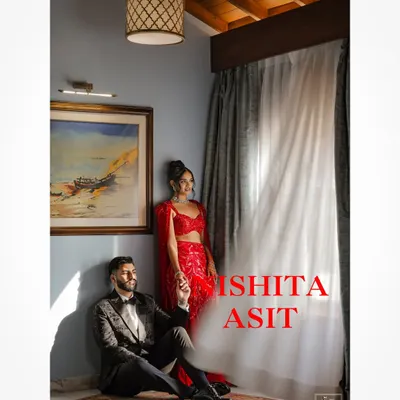 A stylish and moody portrait of the couple in their glamorous reception outfits in Goa.