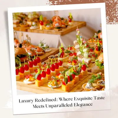 Luxury redefined is having an array of exquisite tastes at your fingertips. This spread showcases the variety we can bring to your party, with everything from cheese and cherry skewers to savory canapés and mini burgers.