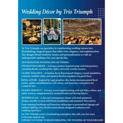 An overview of our signature wedding decor themes. We design and execute concepts ranging from Enchanted Garden and Classic Elegance to Royal Affair and Modern Glam.