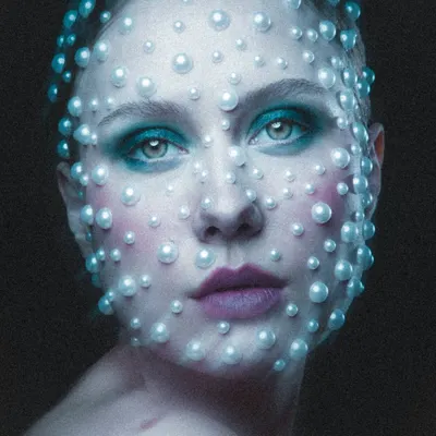A close-up of the celestial pearl look, showing the careful placement of different sized pearls across the face. The makeup underneath is kept soft to let the embellishments stand out.