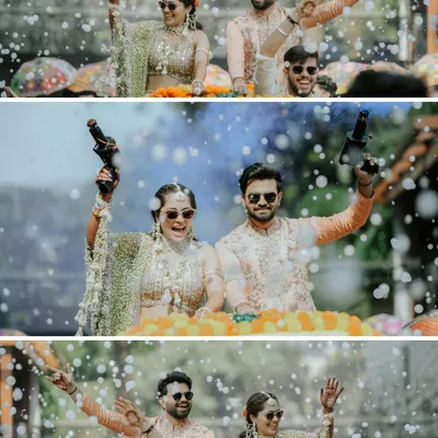 A grand entrance with a bang. This couple's entry with confetti guns and sunglasses sets the tone for a fun-filled, modern Haldi celebration that we loved capturing.