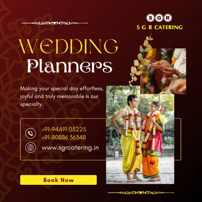 A beautiful portrait of a couple in traditional South Indian wedding attire. Making your special day effortless, joyful, and truly memorable is our specialty.