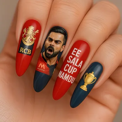 The King. We can even do portraits. This detailed, hand-painted nail art was part of our RCB celebration set, featuring the one and only Virat Kohli.