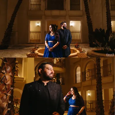 A collage of Raakhee and Akshay's sangeet portraits. We captured both their regal, posed looks and their playful, candid interactions in the beautiful courtyard.