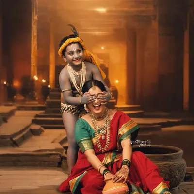 A playful moment between Yashoda and Krishna, brought to life in a painterly style. This shot captures the mischievous spirit of little Krishna, with a dramatic, temple-like backdrop and warm lighting that adds to the epic feel.