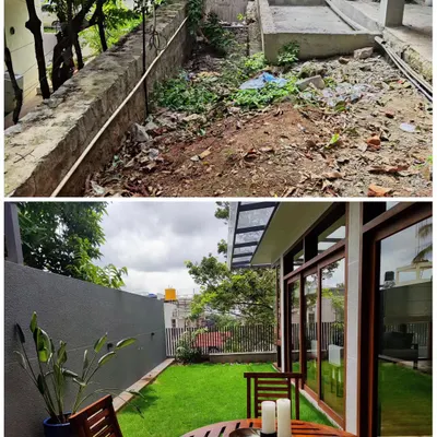 A complete backyard makeover, turning a messy plot into a clean, green lawn with a wooden deck. This is now the family's favorite spot to unwind.