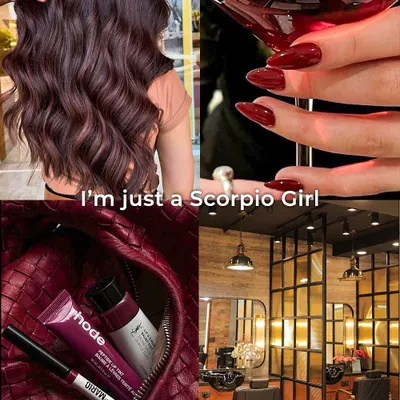 I'm just a Scorpio girl. This moodboard captures the Scorpio vibe with deep red nails, rich brunette waves, a bold lip, and a luxurious leather bag.