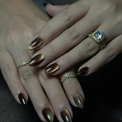 A rich and warm brown cat-eye effect on almond-shaped nails. The magnetic polish creates a beautiful, shifting line of light.