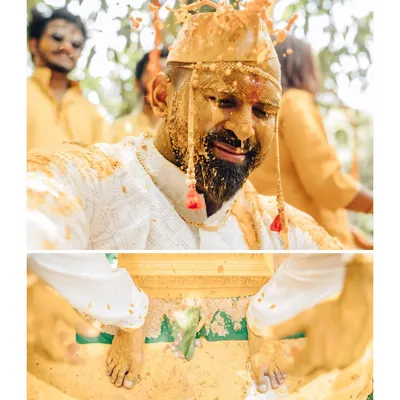 A diptych capturing the fun and messy joy of the Haldi ceremony. These are the real, unscripted moments that show the groom enjoying the traditions with his family.