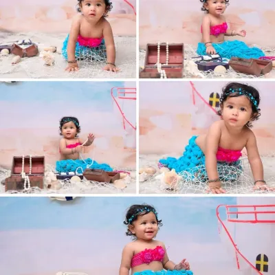 A collage of five images from a mermaid-themed sitter session. It showcases various poses, from crawling to sitting, and captures the baby's interactions with props like a treasure chest and pearls.