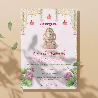 An elegant invitation for Ganesh Chaturthi. The design features a serene Ganesha idol on a lotus, framed by hanging diyas and delicate florals, perfect for welcoming Bappa into your home.