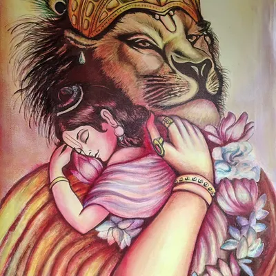 The completed Narsimha and Prahlad devotional painting. This artwork captures the tender moment of protection and grace, a powerful symbol of faith for any home, especially as a gift for a child.