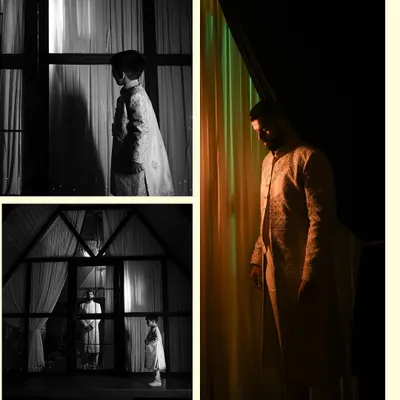 A collage of the groom getting ready, using creative compositions and black and white to tell a story of anticipation.