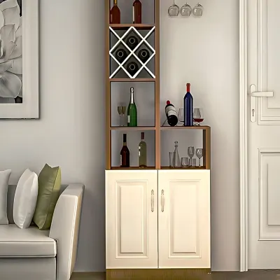A slim and elegant bar cabinet that provides storage for wine bottles, glasses, and accessories. Its vertical design takes up minimal floor space, making it ideal for a small dining or living area.
