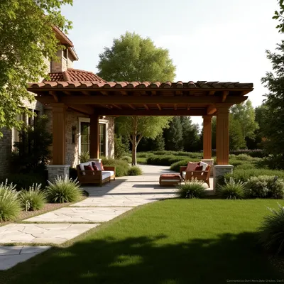 A classic Mediterranean-style wooden pergola with a tiled roof, attached to the house to create a seamless indoor-outdoor transition. The structure is supported by stone-clad pillars that match the home's exterior.