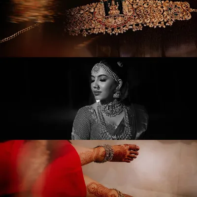 A triptych of details: the intricate bridal hip belt (oddiyanam), a black and white portrait, and the bride's henna-covered feet with anklets.