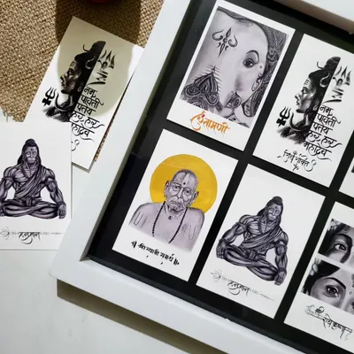 An angled view of the framed postcard collection. This shows how the black mounting paper makes the individual monochrome and gold-accented artworks pop, creating a striking piece of home decor.
