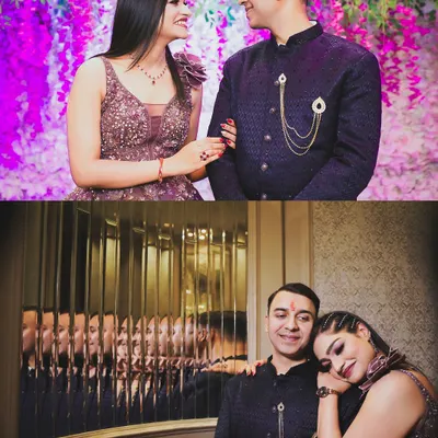 A collage capturing the magic of an engagement. From a candid glance against a floral backdrop to a quiet, tender moment, these photos tell the story of the celebration.