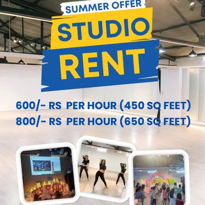 Looking for a studio to rent? This graphic lays out our summer offer with clear pricing for our 450 sq ft and 650 sq ft air-conditioned spaces, perfect for dance, events, and more.