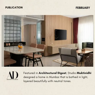 We are proud to have our work recognized in publications like Architectural Digest. This feature highlights a Mumbai home with our custom furniture, designed by Studio Muktinidhi.