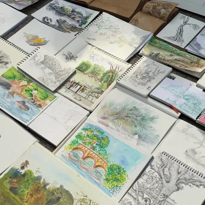 A flat lay of many of my sketchbooks, filled with drawings from various live sketching sessions. Each book holds countless memories and miles of lines.