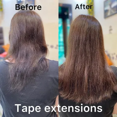 A classic tape extension transformation. This before-and-after clearly shows how I add volume and density to fine hair for a much fuller look.