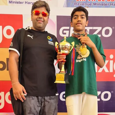 A proud moment with Aarez Asif at the Haryana State Junior Aquatic Championship. His haul of 4 gold and 2 silver medals, along with the Individual Champion trophy, is a direct result of his incredible work ethic.