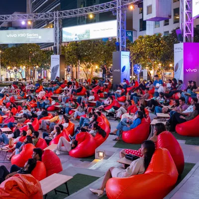 A full house at our DLF CyberHub amphitheatre screening. The tiered seating ensures everyone gets a great view of the movie, creating a shared yet personal cinematic experience right in the city's heart.