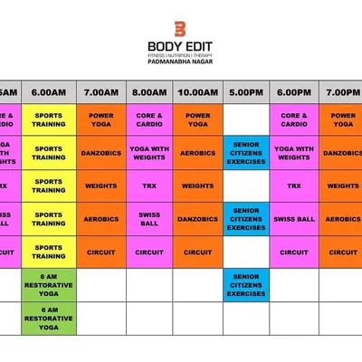 Our comprehensive class schedule for the Padmanabhanagar branch. We have everything from Power Yoga and TRX to special classes for senior citizens and online group fitness.