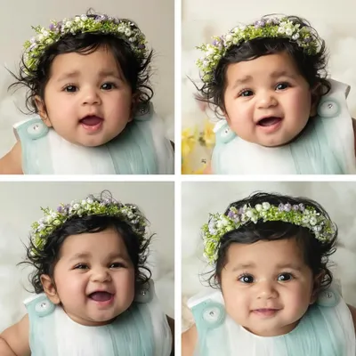 A collage of expressions from a six-month sitter session. From gummy grins to curious gazes, this collection perfectly captures the many faces of this adorable baby girl.