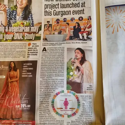 Our Reet Foundation's 'Project Durga' launch was featured in the Gurgaon Times. This project is dedicated to extending our legal awareness campaigns to villages around Gurugram.