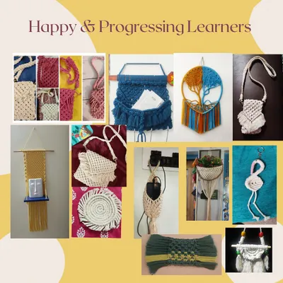 A collage showcasing the incredible variety of macrame projects my students have made, from wall hangings and shelves to bags and keychains.