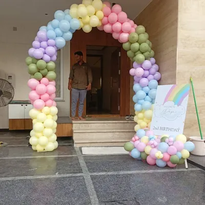 This beautiful pastel rainbow balloon arch creates a dreamy and welcoming entrance for a second birthday party. We use a soft color palette to craft a sophisticated yet playful look, perfect for celebrating your little one's milestone.