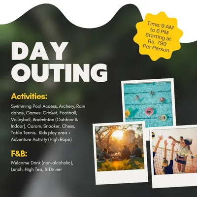 Our standard Day Outing package runs from 9 AM to 6 PM. It includes a welcome drink, buffet lunch, high tea, and access to a wide range of activities like the swimming pool, cricket, and high ropes.