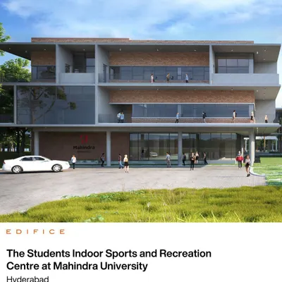A rendering of the Student Indoor Sports and Recreation Centre at Mahindra University, Hyderabad. Envisioned as the campus "Living Room," the building is a vibrant anchor for physical activity, social engagement, and community life.