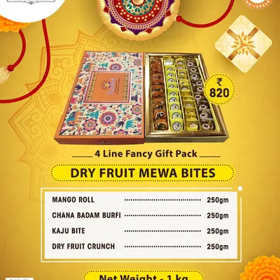 For Raksha Bandhan, our 4 Line Fancy Gift Pack of Dry Fruit Mewa Bites is a healthy and delicious choice. It includes Mango Roll, Chana Badam Burfi, Kaju Bite, and Dry Fruit Crunch.