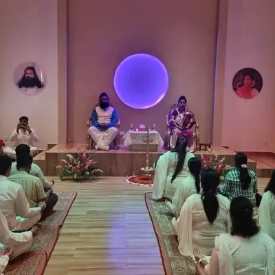 Participants sit in deep meditation during a program at our Samyama Spiritual Centre in Bangalore. The serene atmosphere of our center is designed to help seekers connect with their inner selves.