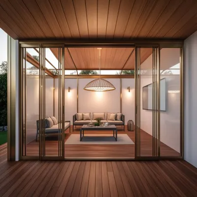 A perfect glasshouse is a blend of art and science. This design features a sleek, modern sunroom with sliding glass doors that open up to the outdoors, furnished with our minimalist sofas.